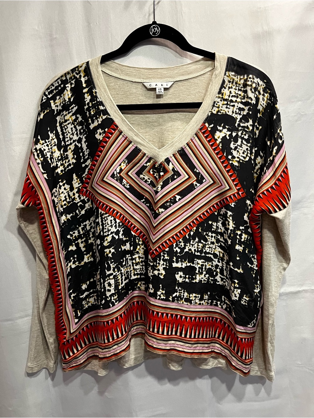 CAbi V-Neck Pullover Blouse Silk Aztec Pattern Oversized Size XS